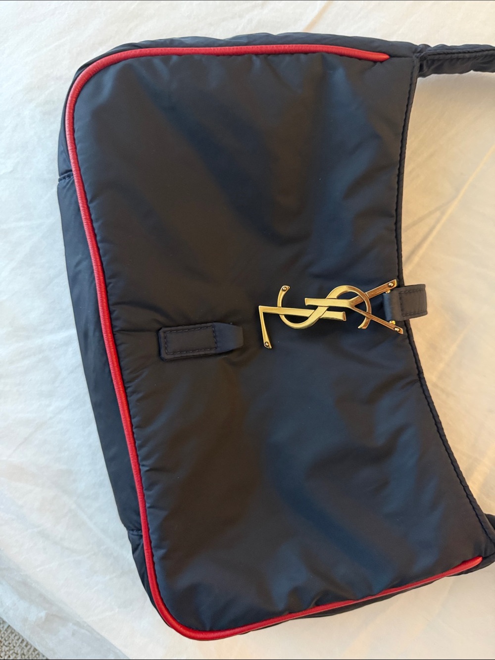 YSL Yves Saint Laurent Nylon Le 5 A 7 Shoulder Bag in Navy with Red Piping - Picture 6 of 17
